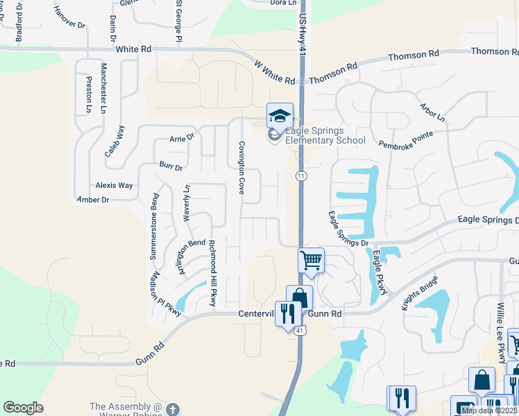 map of restaurants, bars, coffee shops, grocery stores, and more near 207 Monticello Drive in Byron