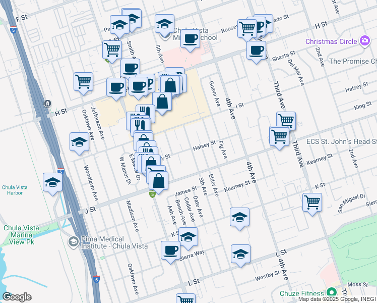 map of restaurants, bars, coffee shops, grocery stores, and more near 512 Halsey Street in Chula Vista