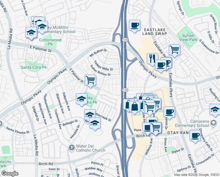 map of restaurants, bars, coffee shops, grocery stores, and more near 1468 Levant Lane in Chula Vista