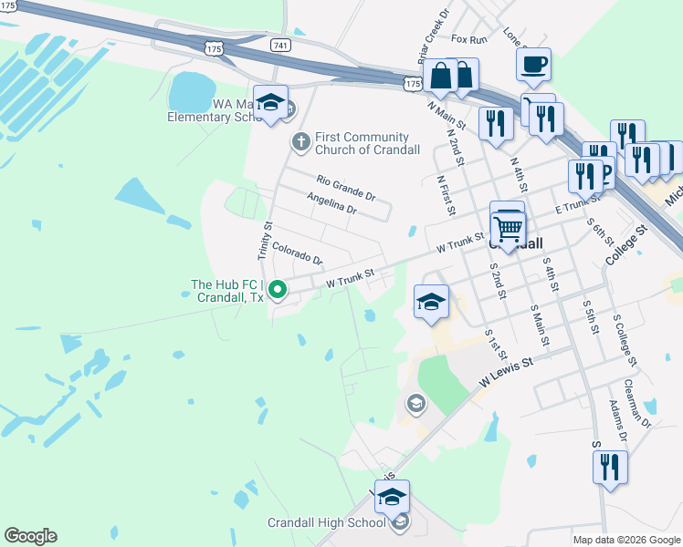 map of restaurants, bars, coffee shops, grocery stores, and more near 1112 Kirk Lane in Crandall