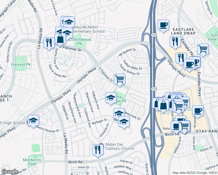 map of restaurants, bars, coffee shops, grocery stores, and more near 1841 Toulouse Drive in Chula Vista
