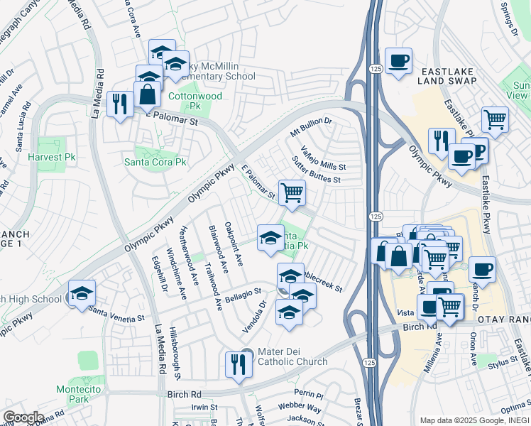 map of restaurants, bars, coffee shops, grocery stores, and more near 1869 Monaco Drive in Chula Vista