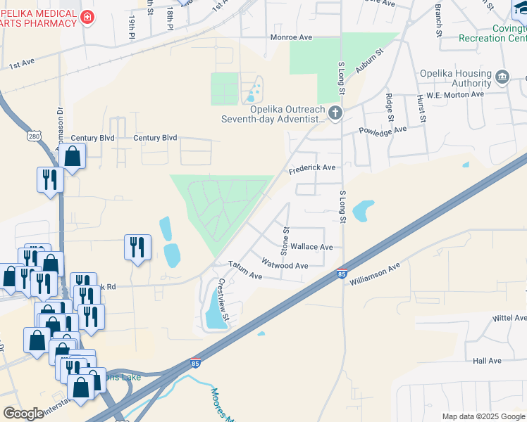 map of restaurants, bars, coffee shops, grocery stores, and more near 1243 Frederick Road in Opelika