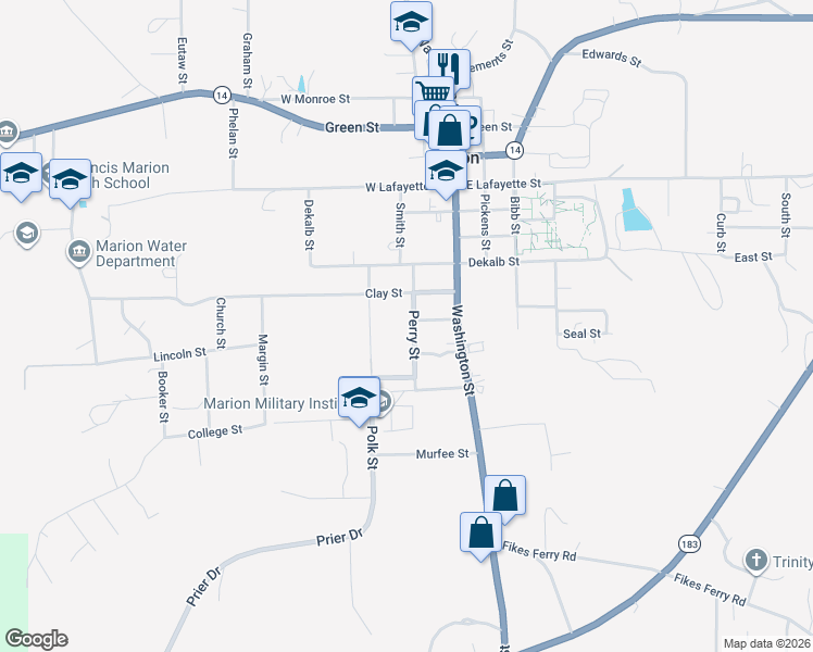 map of restaurants, bars, coffee shops, grocery stores, and more near 301 Perry Street in Marion
