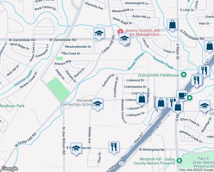 map of restaurants, bars, coffee shops, grocery stores, and more near 418 Softwood Drive in Duncanville