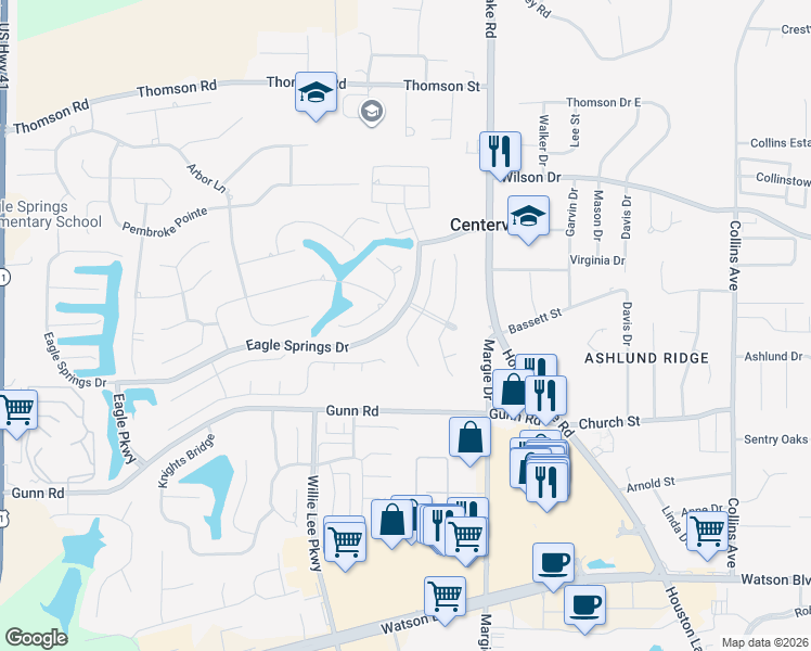 map of restaurants, bars, coffee shops, grocery stores, and more near 204 Carrington Lane in Centerville