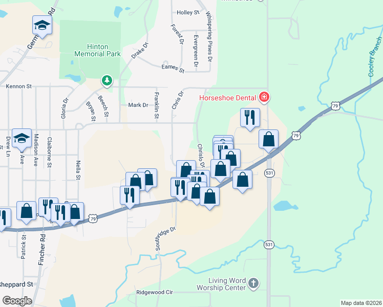 map of restaurants, bars, coffee shops, grocery stores, and more near 144 Chrislo Drive in Minden