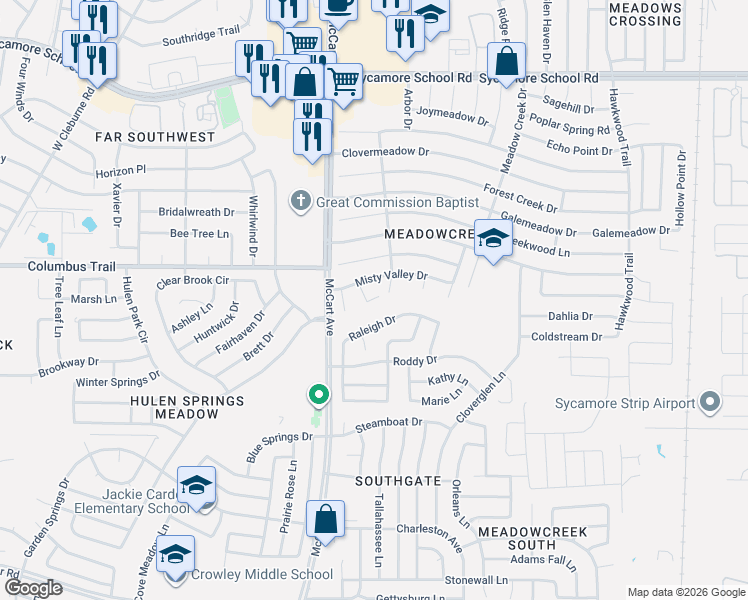 map of restaurants, bars, coffee shops, grocery stores, and more near 7913 White Water Court in Fort Worth