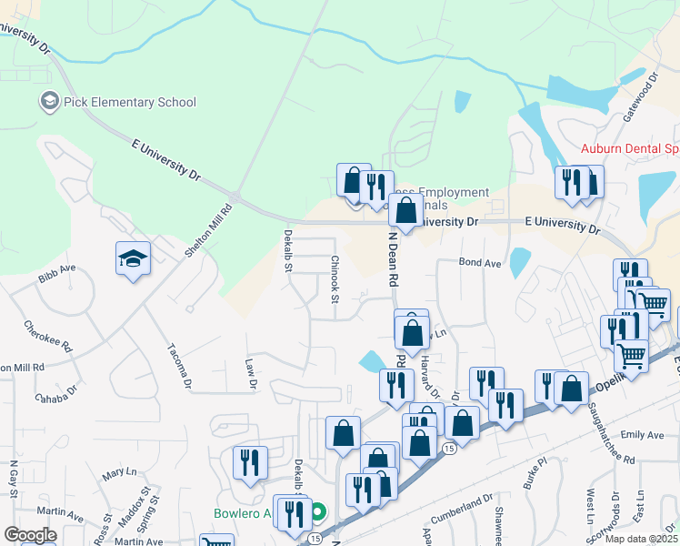 map of restaurants, bars, coffee shops, grocery stores, and more near 1100 Chinook Street in Auburn
