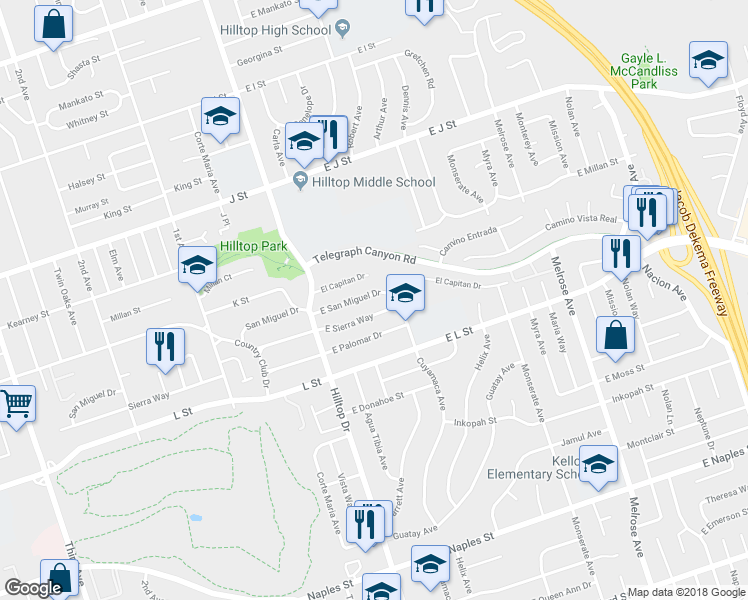 map of restaurants, bars, coffee shops, grocery stores, and more near 66 East San Miguel Drive in Chula Vista