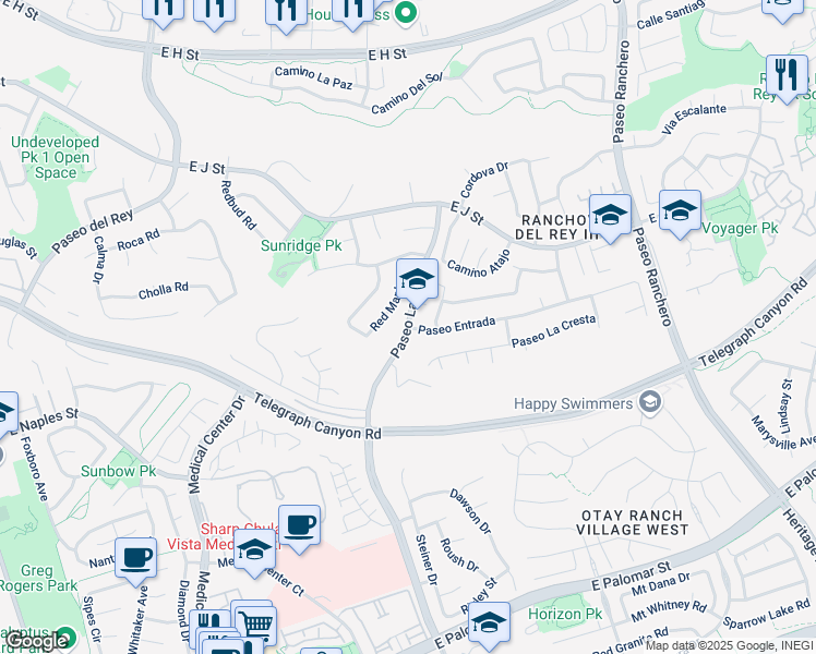 map of restaurants, bars, coffee shops, grocery stores, and more near Paseo Ladera & Paseo Entrada in Chula Vista