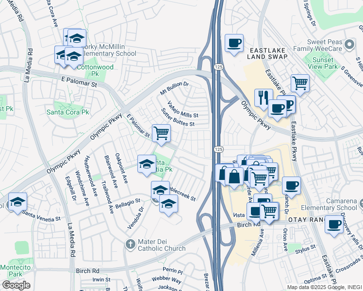 map of restaurants, bars, coffee shops, grocery stores, and more near 1448 Water Lily Drive in Chula Vista