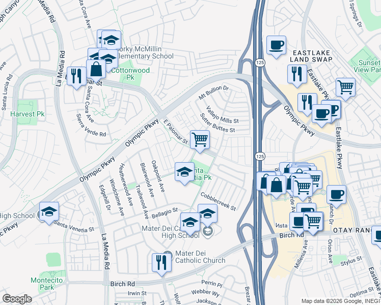 map of restaurants, bars, coffee shops, grocery stores, and more near 1884 Monaco Drive in Chula Vista