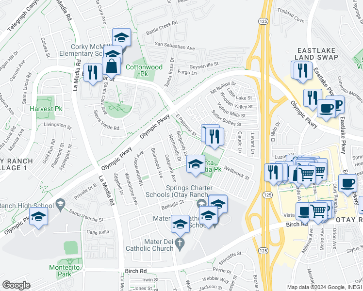 map of restaurants, bars, coffee shops, grocery stores, and more near 1434 Burgundy Drive in Chula Vista