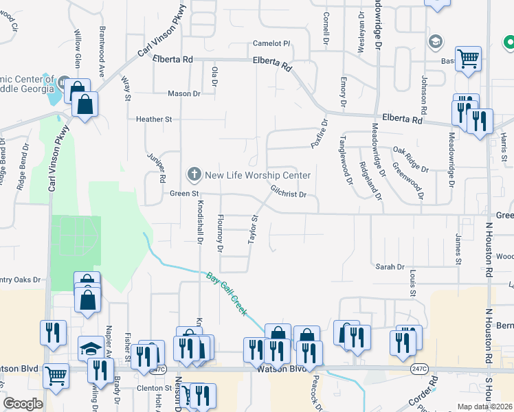 map of restaurants, bars, coffee shops, grocery stores, and more near 118 Taylor Street in Warner Robins