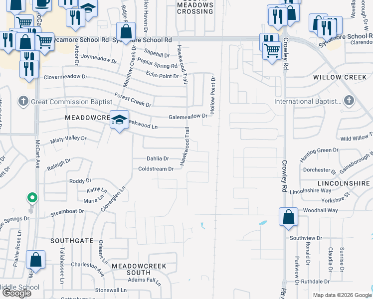 map of restaurants, bars, coffee shops, grocery stores, and more near 7957 Hawkwood Trail in Fort Worth