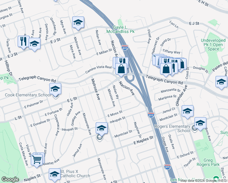 map of restaurants, bars, coffee shops, grocery stores, and more near 924 Nolan Way in Chula Vista