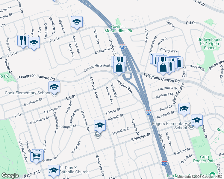 map of restaurants, bars, coffee shops, grocery stores, and more near 924 Nolan Way in Chula Vista