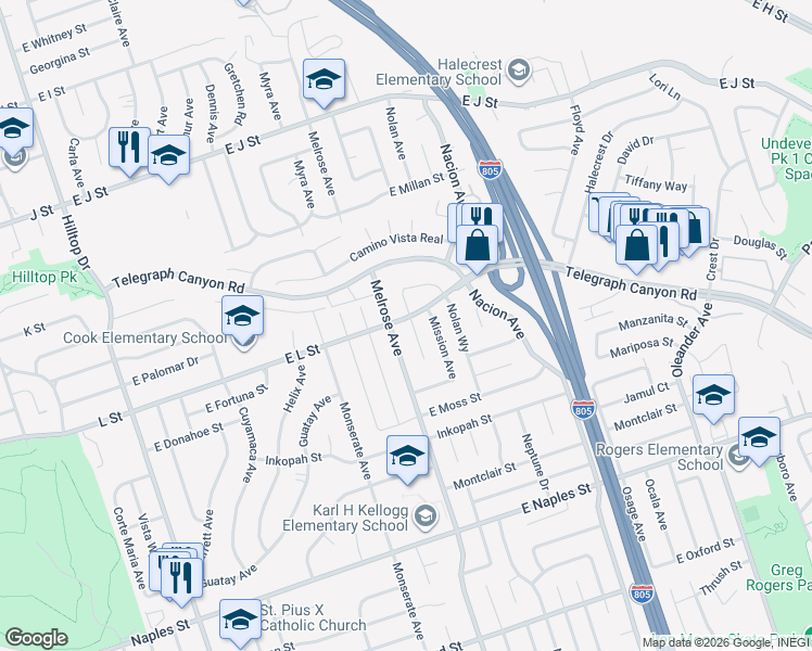 map of restaurants, bars, coffee shops, grocery stores, and more near 902 Monterey Court in Chula Vista
