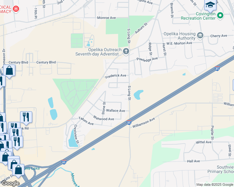 map of restaurants, bars, coffee shops, grocery stores, and more near 2201 Star Street in Opelika