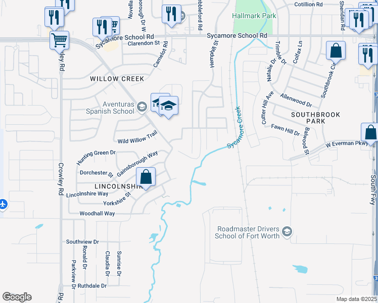 map of restaurants, bars, coffee shops, grocery stores, and more near 8712 Autumn Creek Trail in Fort Worth