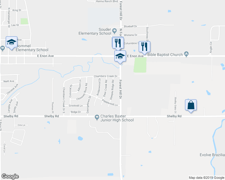 map of restaurants, bars, coffee shops, grocery stores, and more near 405 Steeple Ridge Road in Everman