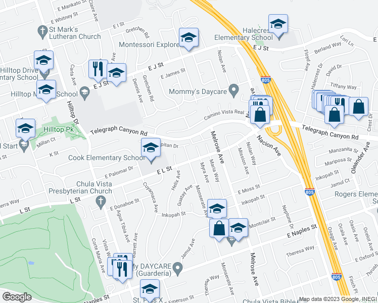 map of restaurants, bars, coffee shops, grocery stores, and more near 887 Monserate Avenue in Chula Vista