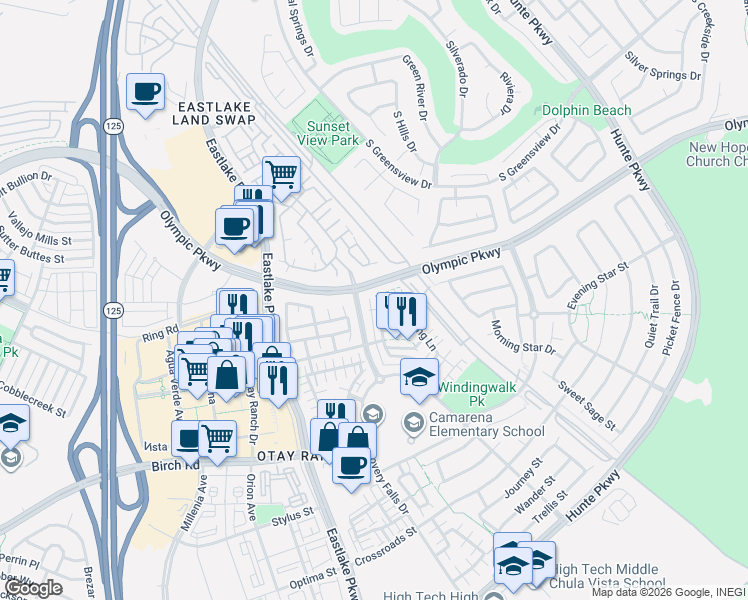 map of restaurants, bars, coffee shops, grocery stores, and more near 1543 Dusk Sky Lane in Chula Vista