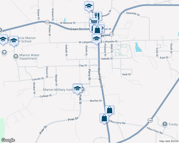 map of restaurants, bars, coffee shops, grocery stores, and more near 301 Perry Street in Marion