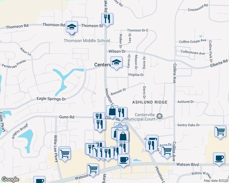 map of restaurants, bars, coffee shops, grocery stores, and more near 101 Bassett Street in Centerville