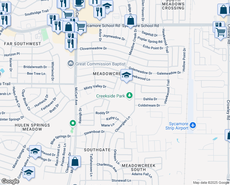 map of restaurants, bars, coffee shops, grocery stores, and more near 3268 Raleigh Drive in Fort Worth