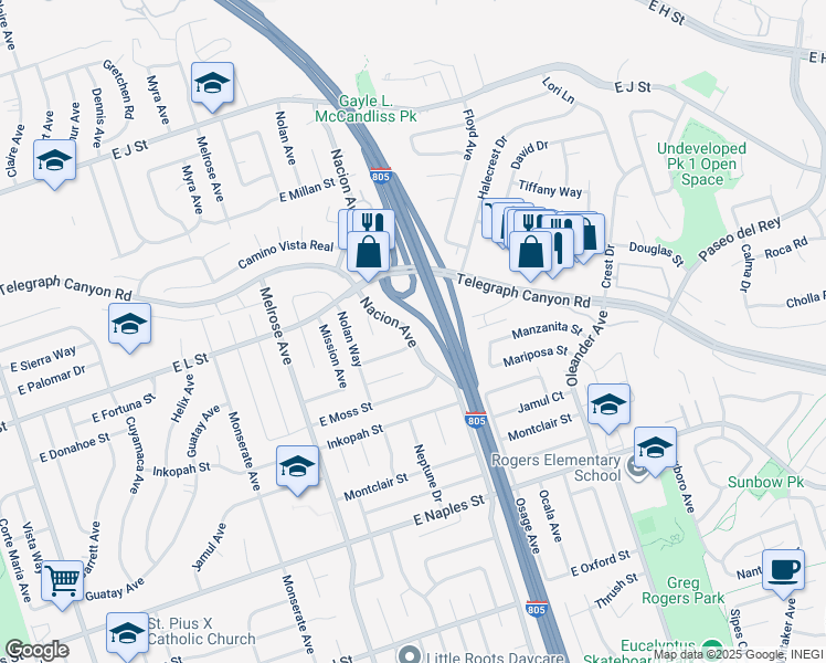 map of restaurants, bars, coffee shops, grocery stores, and more near 945 Nacion Avenue in Chula Vista