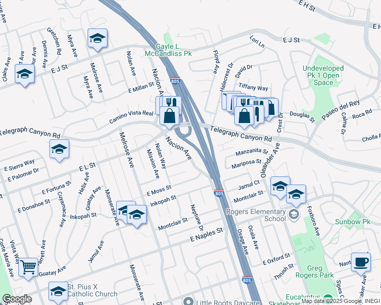 map of restaurants, bars, coffee shops, grocery stores, and more near 945 Nacion Avenue in Chula Vista