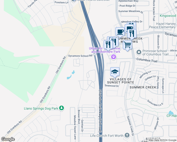 map of restaurants, bars, coffee shops, grocery stores, and more near 5699 Columbus Trail in Fort Worth