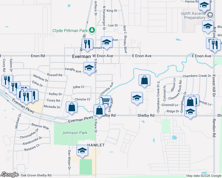map of restaurants, bars, coffee shops, grocery stores, and more near 405 Christie Avenue in Fort Worth