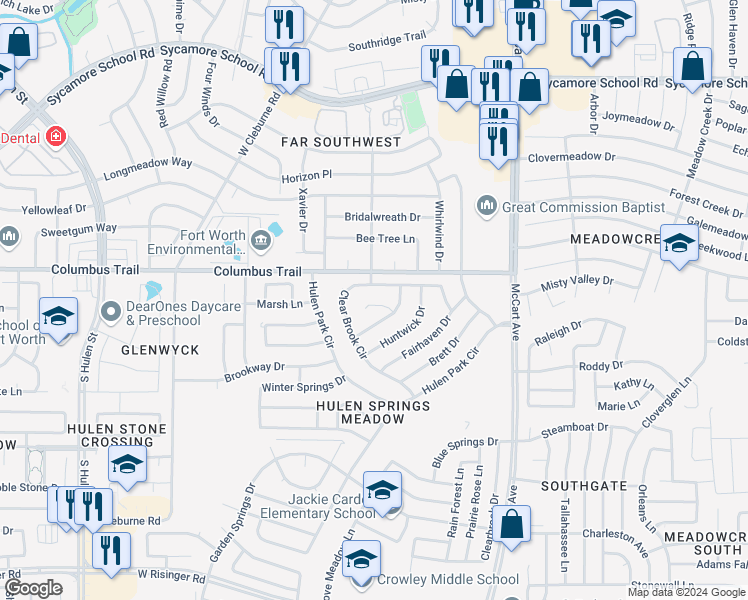 map of restaurants, bars, coffee shops, grocery stores, and more near 3766 Ashley Court in Fort Worth