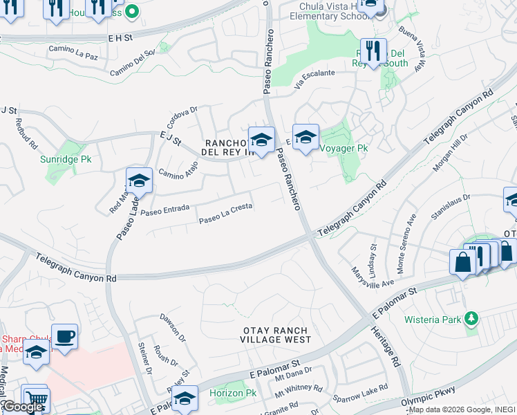 map of restaurants, bars, coffee shops, grocery stores, and more near 1178 Paseo Sarina in Chula Vista