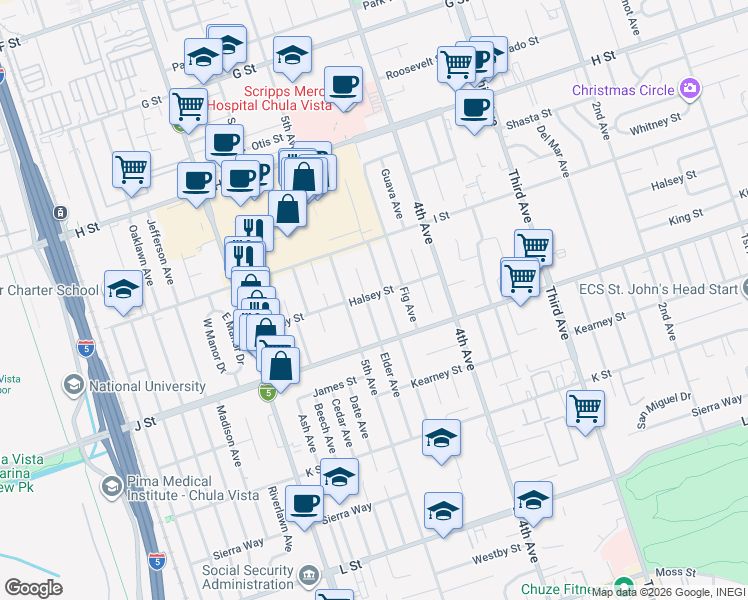map of restaurants, bars, coffee shops, grocery stores, and more near 668 Elder Avenue in Chula Vista