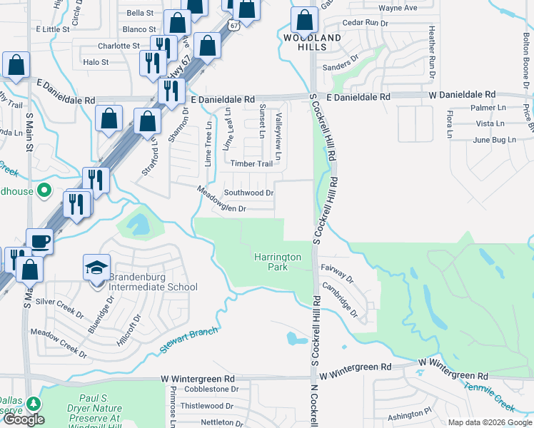 map of restaurants, bars, coffee shops, grocery stores, and more near 726 Meadowglen Drive in Duncanville
