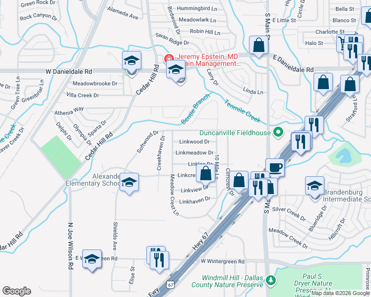 map of restaurants, bars, coffee shops, grocery stores, and more near 338 Linkmeadow Drive in Duncanville