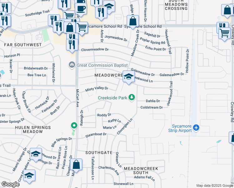 map of restaurants, bars, coffee shops, grocery stores, and more near 3268 Raleigh Drive in Fort Worth