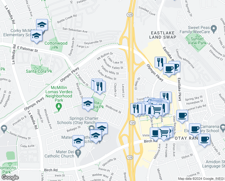 map of restaurants, bars, coffee shops, grocery stores, and more near 1441 Water Lily Drive in Chula Vista