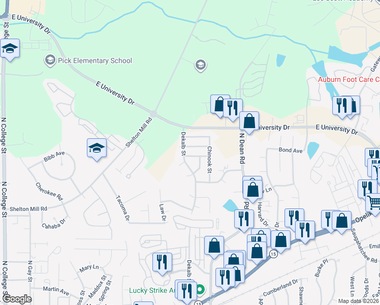 map of restaurants, bars, coffee shops, grocery stores, and more near 1043 Cornstalk Lane in Auburn