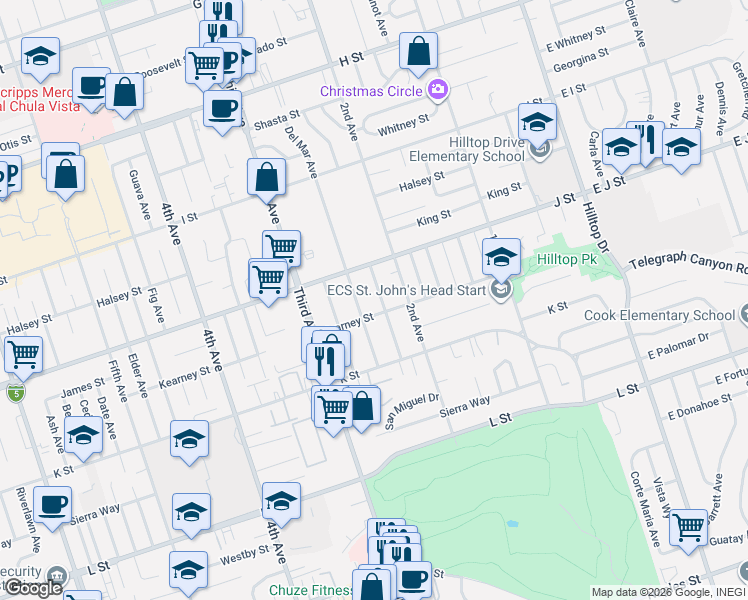 map of restaurants, bars, coffee shops, grocery stores, and more near 744 Del Mar Avenue in Chula Vista