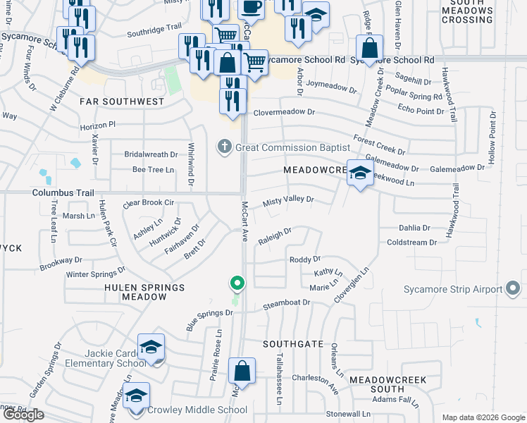 map of restaurants, bars, coffee shops, grocery stores, and more near 7913 White Water Court in Fort Worth