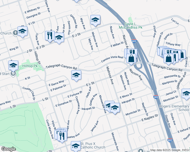 map of restaurants, bars, coffee shops, grocery stores, and more near 883 Monserate Avenue in Chula Vista