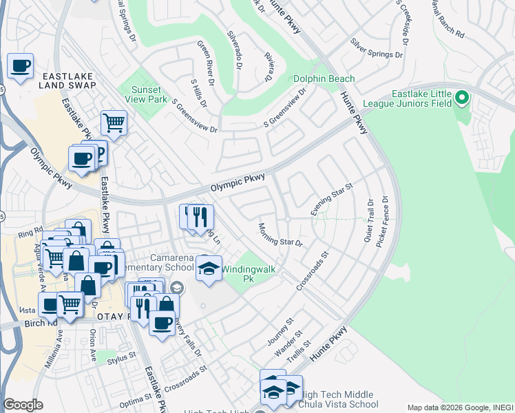 map of restaurants, bars, coffee shops, grocery stores, and more near 2364 Treehouse Street in Chula Vista