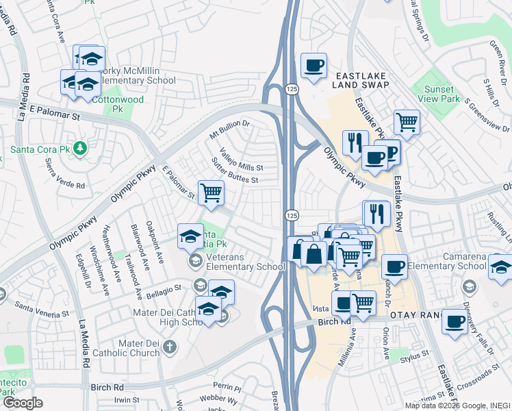 map of restaurants, bars, coffee shops, grocery stores, and more near 1458 Trouville Lane in Chula Vista