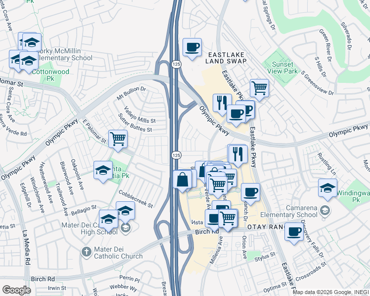 map of restaurants, bars, coffee shops, grocery stores, and more near 1480 Boracay Drive in Chula Vista