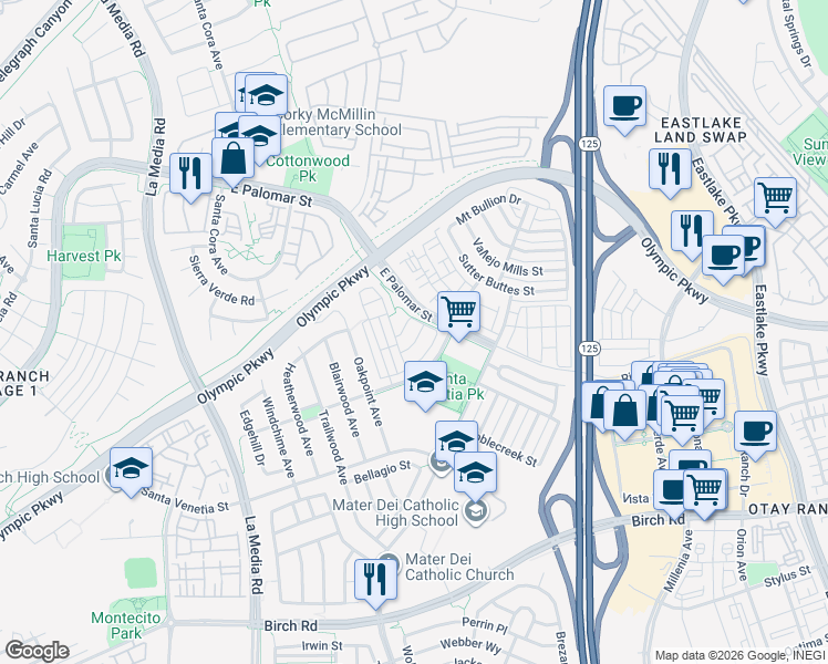 map of restaurants, bars, coffee shops, grocery stores, and more near 1868 Toulouse Drive in Chula Vista